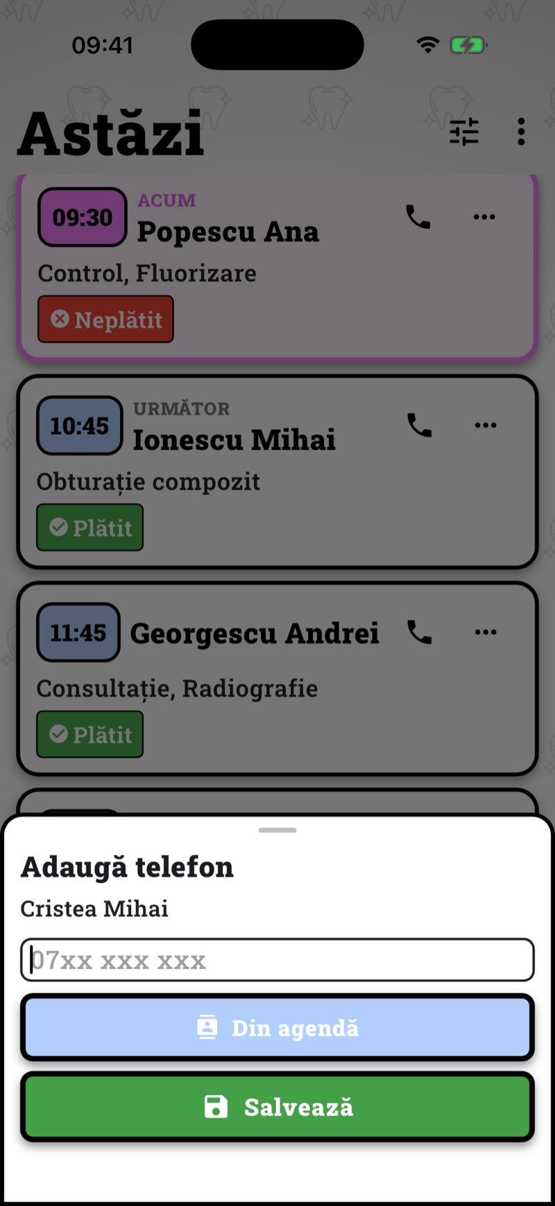 Alegerea numărului de telefon din agenda dispozitivului